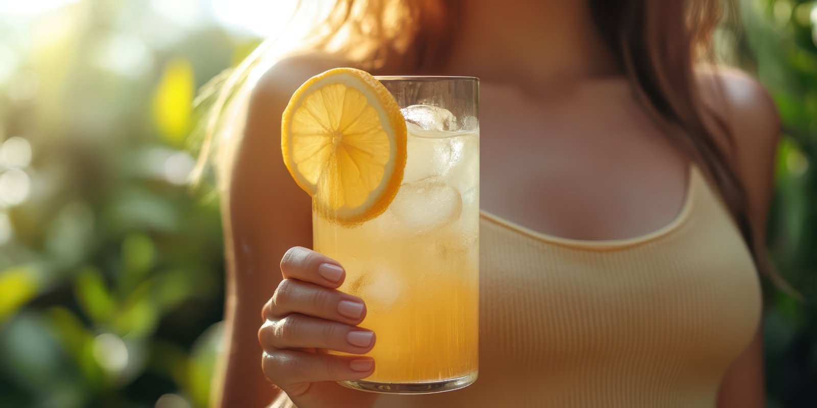 Beautiful woman enjoying a refreshing drink with lemon garnish in a sunny garden setting during late afternoon
